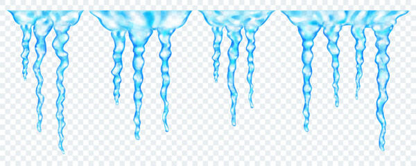 Groups of translucent light blue realistic icicles of different lengths, connected at the top, isolated on transparent background. Transparency only in vector format - obrazy, fototapety, plakaty
