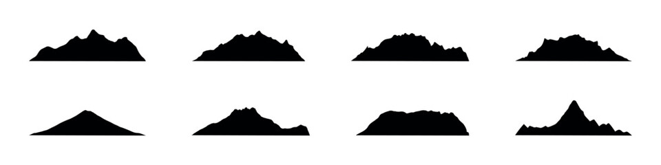 Mountain icon with snowy range silhouette. Alps, hill, black rock and white landscape, icy mount. Flat vector illustrations isolated in background. - obrazy, fototapety, plakaty