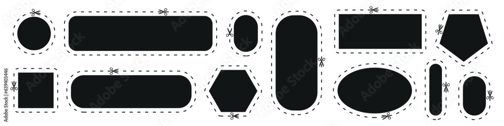 Poster cut line icons scissor and coupon symbols, dash marks. voucher with scissors, cut here instructions.