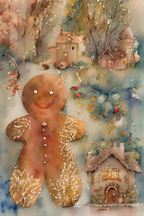 Holiday Delight: Smiling Gingerbread Man With Log Cabins Watercolor Style Illustration for Warmth and Joy Background