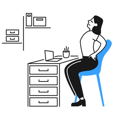 Office worker stretching at desk, back pain flat vector illustration