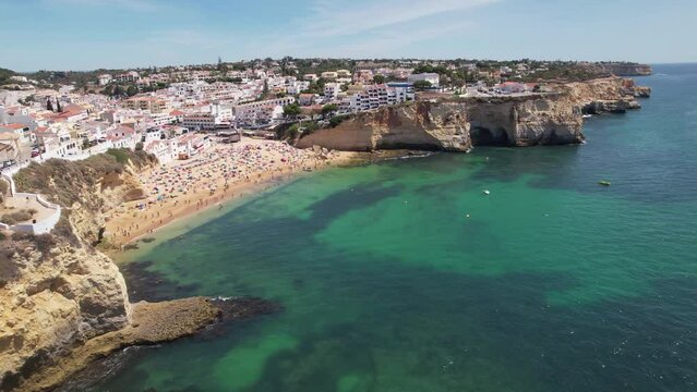Panoramic view of Carvoeiro Beach and townscape, Portugal