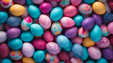 Fototapeta na wymiar Colorful pile of easter eggs top down view full frame. Festive background banner