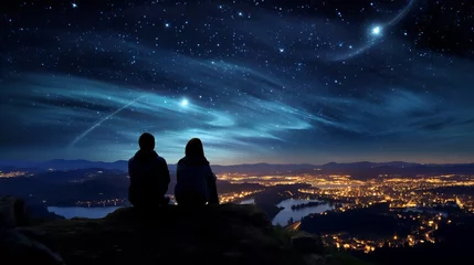 Foto op Plexiglas The couple is sitting on the mountain top, looking out at the stars and the city lights in the distance. © Suleyman