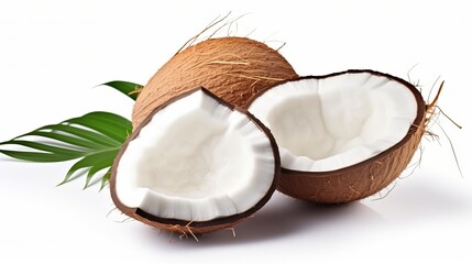 Isolated coconut slices and pieces with leaves on a white background. White broken coco flying composition with full depth of field. - obrazy, fototapety, plakaty