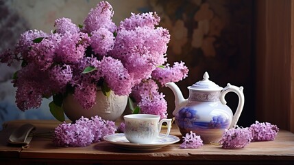 Composition with bouquet of lilac flowers and tea set on wooden table near wall