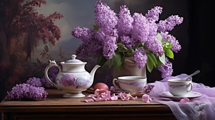 Composition with bouquet of lilac flowers and tea set on wooden table near wall