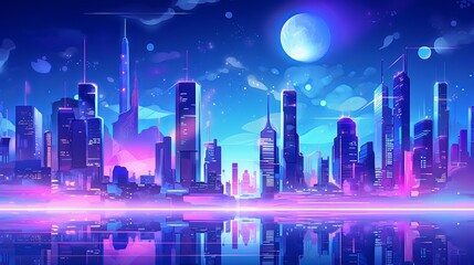 This illustration is about the future of city nightlife. It's got bright neon lights and some cool buildings. It's got a cartoon-style background.