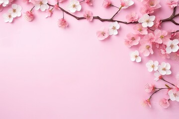 Fototapeta na wymiar Beautiful cherry blossom flowers on pink background, flat lay. Space for text