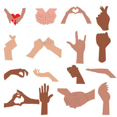 Hands poses. male and Female hand holding and pointing gestures, fingers crossed, fist, peace and thumb up. Cartoon human palms and wrist vector set. 