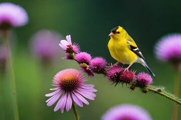 european goldfinch on flower generated by AI technology - obrazy, fototapety, plakaty
