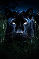 A black panther crossing a grass field in the moon light at night