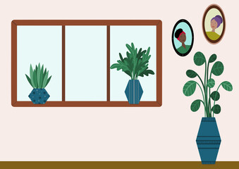 Window with plants and pictures on the wall. Digital Illustration 