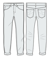 Roll Up Folded Denim Jeans Front and Back View. Fashion Illustration, Vector, CAD, Technical Drawing, Flat Drawing, Template, Mockup.