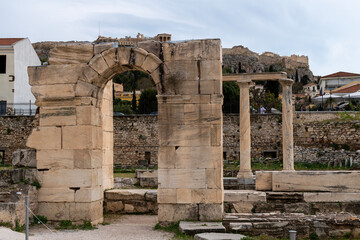 Ruins of Hadrian's Library near Monastiraki Square in Athens, Greece.
