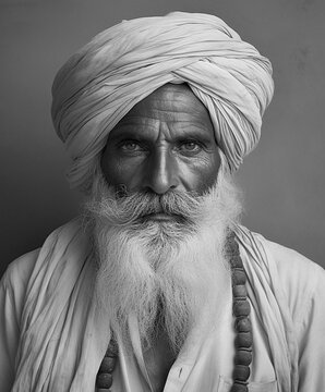 portrait of a middle eastern man wearing a head wrap in black and white
