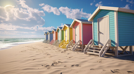 A row of vibrant beach huts on