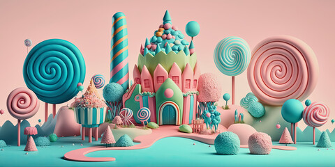 generative ai illustration of a pastel colored house in a candyland with lollipops