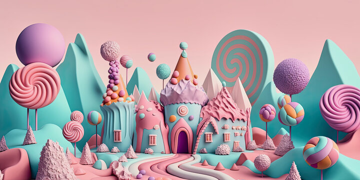 generative ai illustration of a pastel colored house in a candyland with lollipops