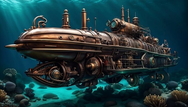 steampunk sub, submarine, and coral