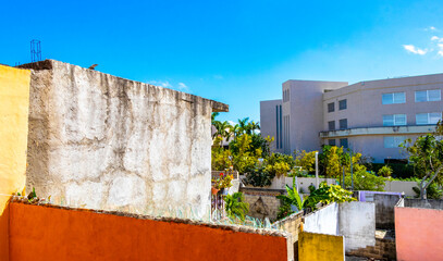 Modern buildings and architecture hotels apartments Playa del Carmen Mexico.