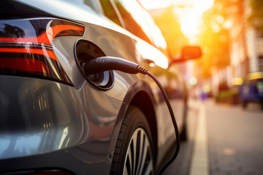 Connecting a charging cable to an electric car at a charging station