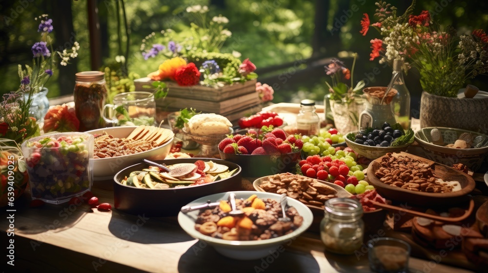 Aufkleber a table filled with lots of different types of food. generative ai.