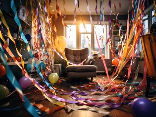 A room filled with lots of balloons and streamers. Generative AI.