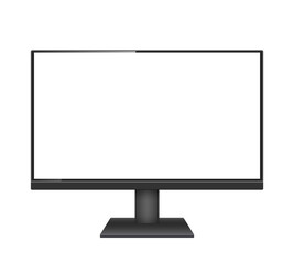 Computer monitor mockup. Pc template with blank screen. Black desktop isolated on white or transparent background.
