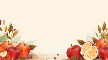 Rosh hashanah, jewish New Year holiday, traditional symbols. Web banner with copy space