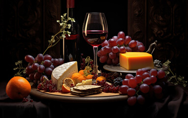 Wine, cheeses and grapes in a vintage setup. Created with Generative AI