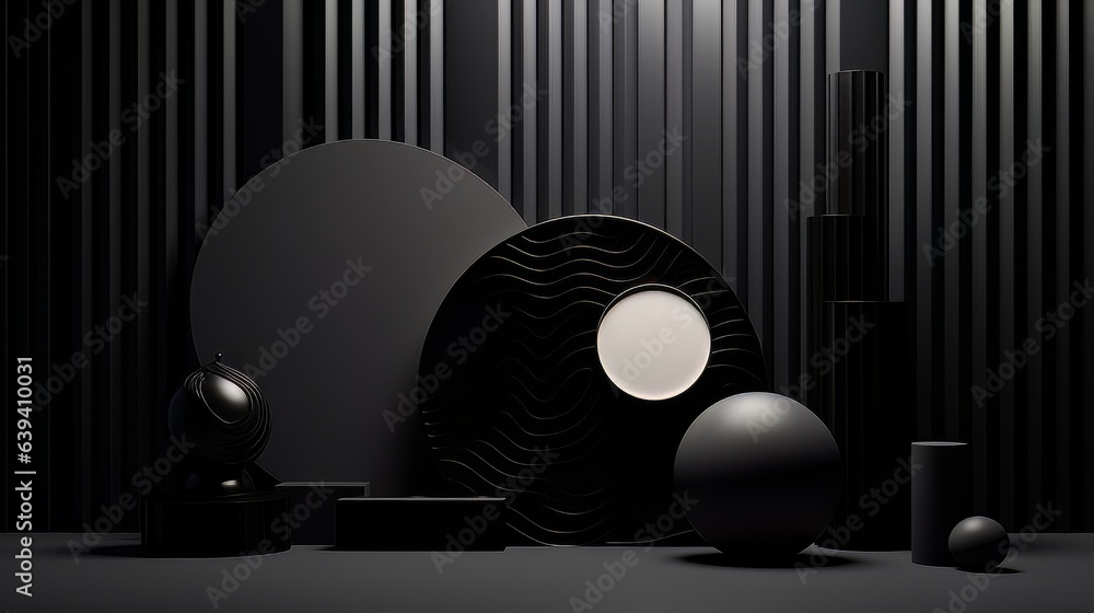Poster abstract minimalistic black scene with geometric shapes. visualization ai