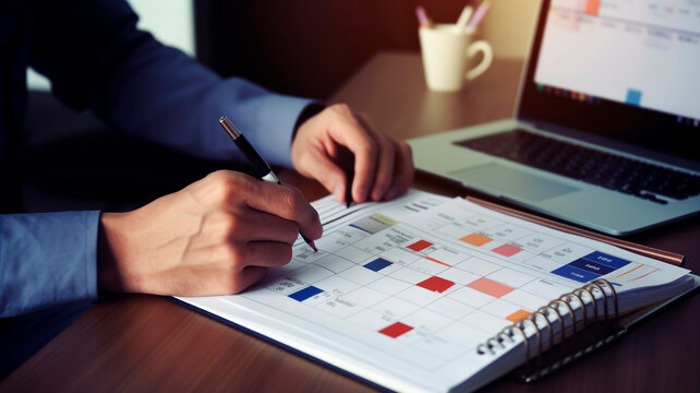 Arrangement of calendar activities using a scheduling tool. Setting a clock-based timetable to effectively manage and organize tasks. Strategic planning for business activities. Generative AI