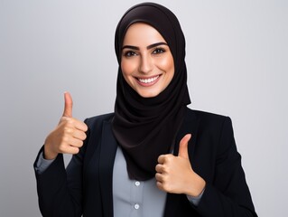 Muslim Business woman stretching hand at camera in thumbs up greeting gesture, wearing hijab studio background