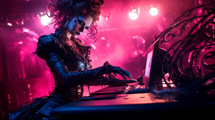 DJ spinning records on stage, ethereal dark cybergoth neon Victorian rococo futurism, Generative AI