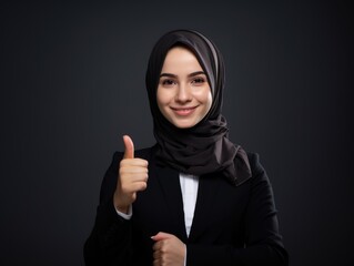 Muslim Business woman stretching hand at camera in thumbs up greeting gesture, wearing hijab studio background