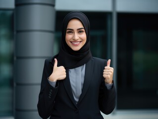 Muslim Business woman stretching hand at camera in thumbs up greeting gesture, wearing hijab studio background