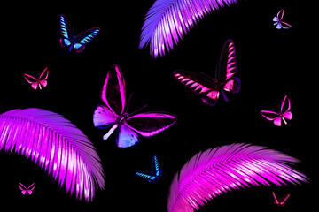 Bright pink and blue tropical butterflies and palm leaves on a black background.