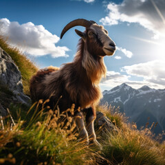 Fototapeta premium Alpine Goat in its Natural Habitat, Wildlife Photography, Generative AI