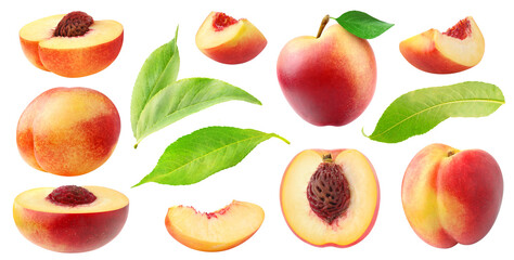 Collection of whole and cut nectarine peach fruits and leaves cutout