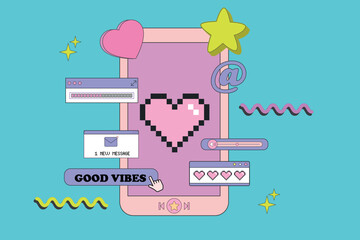 Smartphone with user interface elements in retro style. Phone with user interface elements. Old computer aestethic. Retro pc elements, user interface. Nostalgia for 1990s -2000s. Vector illustrations.