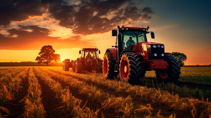 tractor working in the field, at sunset. agricultural activity, Generative AI