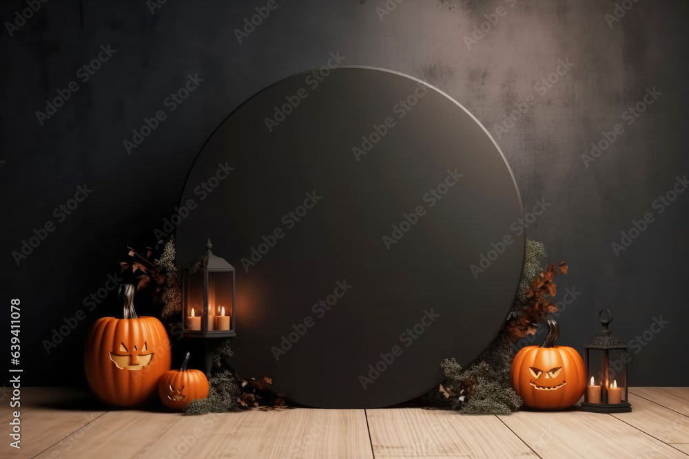 Poster Halloween background with podium copy space for product display. 3D rendering Generative ai