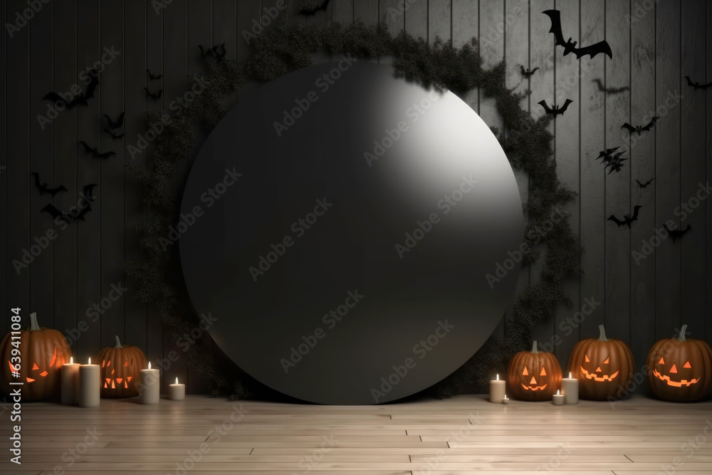 Poster Halloween background with podium copy space for product display. 3D rendering Generative ai