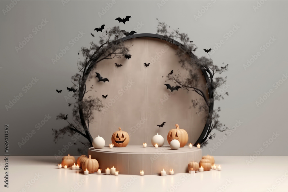 Poster Halloween background with podium copy space for product display. 3D rendering Generative ai