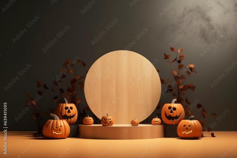 Poster halloween background with podium copy space for product display. 3d rendering generative ai