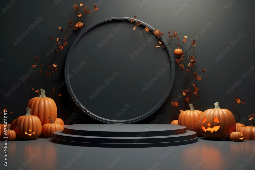 Poster Halloween background with podium copy space for product display. 3D rendering Generative ai