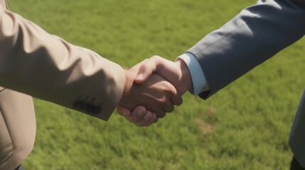Business handshake of men on the background of an empty green lawn, on a sunny day