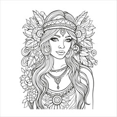 Boho style hippie girls coloring page
