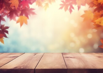Naklejka na ściany i meble Autumn background with empty wooden table